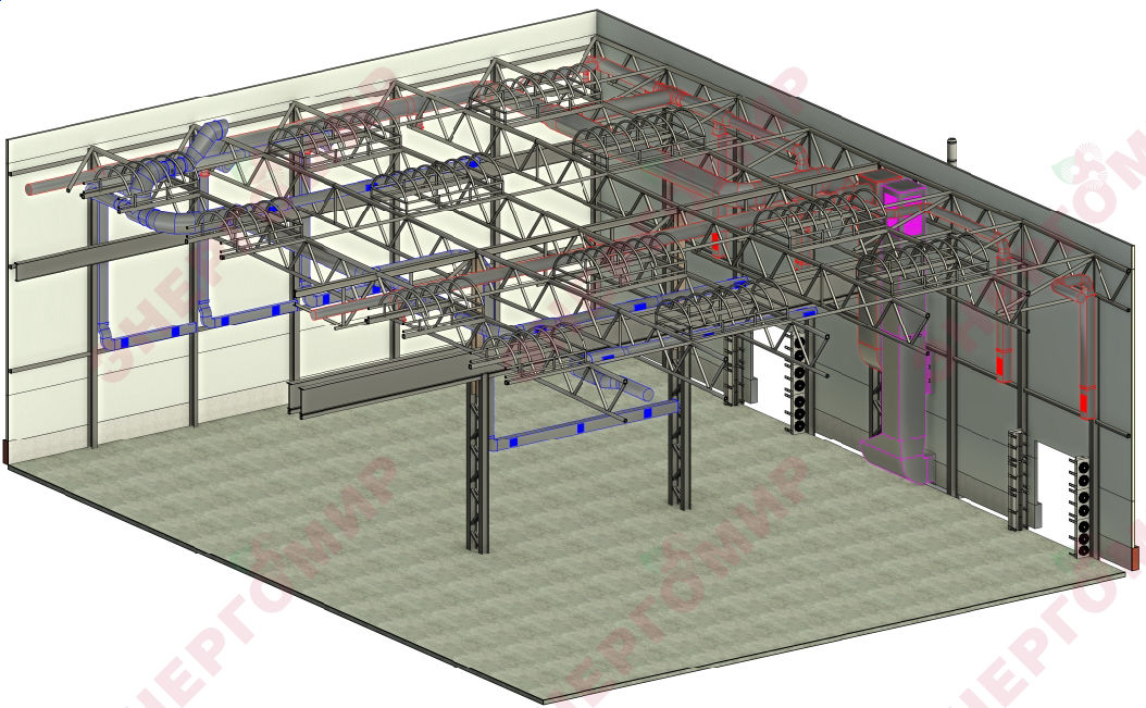 3D-визуализация цеха с системой отопления и вентиляции 3D-визуализация цеха с системой отопления и вентиляции