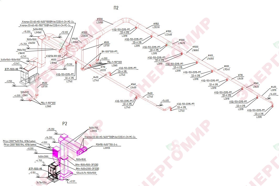 Приточная система отопления и вентиляции (одна из четырех), схема системы рециркуляции Приточная система отопления и вентиляции (одна из четырех), схема системы рециркуляции