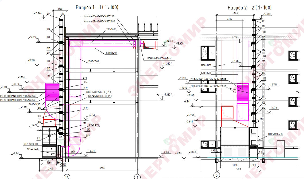 Система отопления, вентиляции, рециркуляции: разрезы Система отопления, вентиляции, рециркуляции: разрезы
