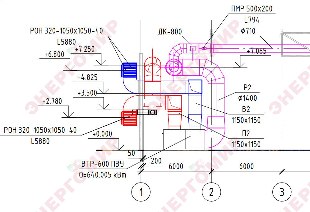 Приточно-вытяжная установка (теплогенератор) ВТР-600 в проекте: подключение магистральных участков системы воздушного отопления&nbsp;