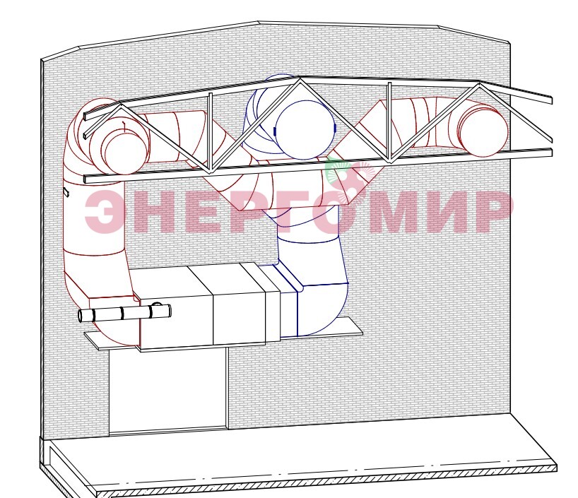 Фрагмент 3Д вида трассировки систем П2 В2 до модульного воздухонагревателя