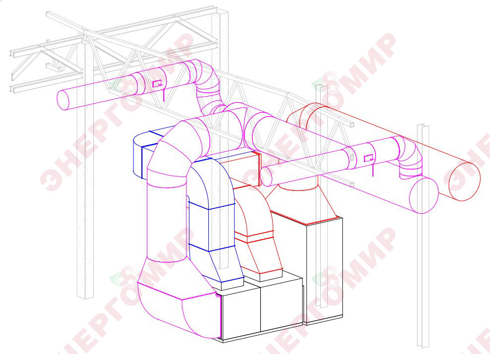 Теплогенератор ВТР-600 в проекте (фрагмент 3D вида трассировки систем)