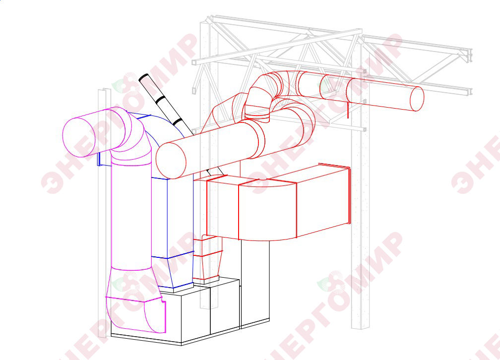 Теплогенератор ВТР-400 в проекте (Фрагмент 3D вида трассировки систем)
