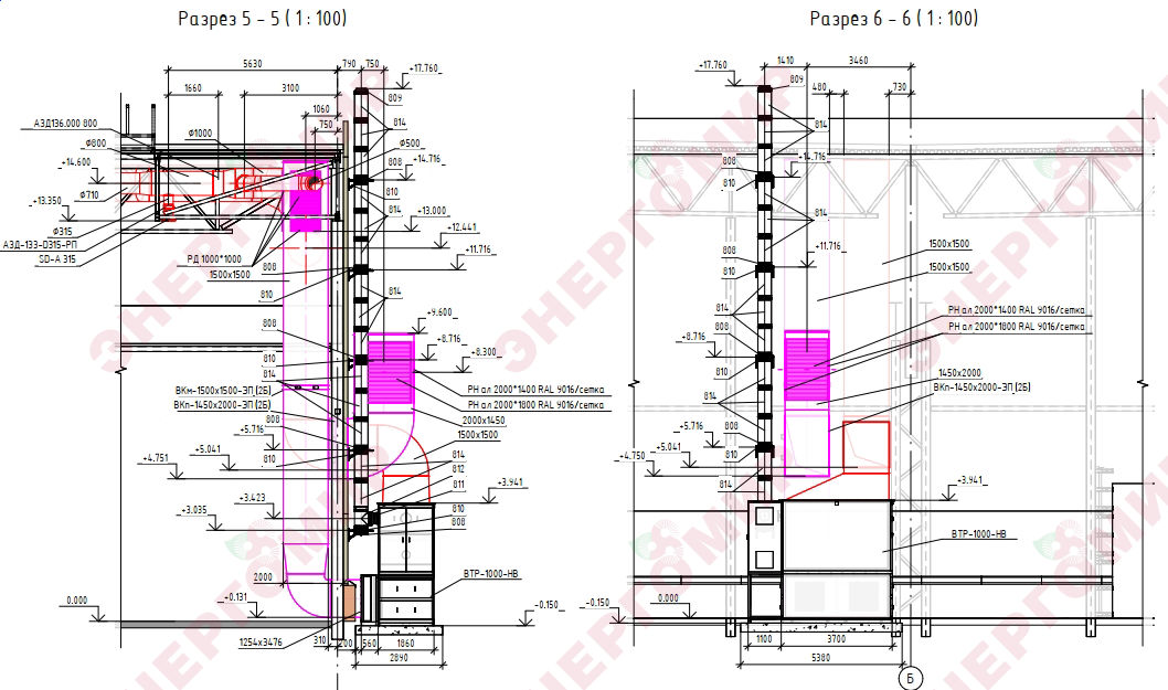 Система отопления, вентиляции, рециркуляции: разрезы Система отопления, вентиляции, рециркуляции: разрезы