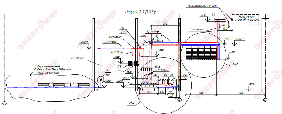 Общий разрез (вид сбоку) на коллекторный узел от существующего узла учета Общий разрез (вид сбоку) на коллекторный узел от существующего узла учета